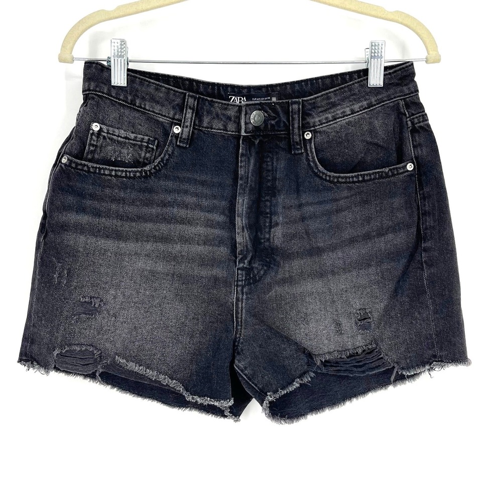 Zara Denim Shorts Womens 8 Black High‎ Rise Distressed Raw Hem Button Fly